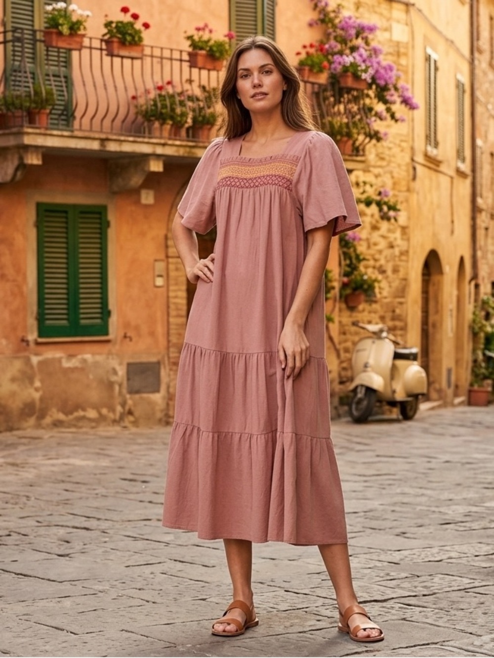 LOVE KUZA/Embroidered Smocked Cotton Midi Dress - Sz S - NWOT